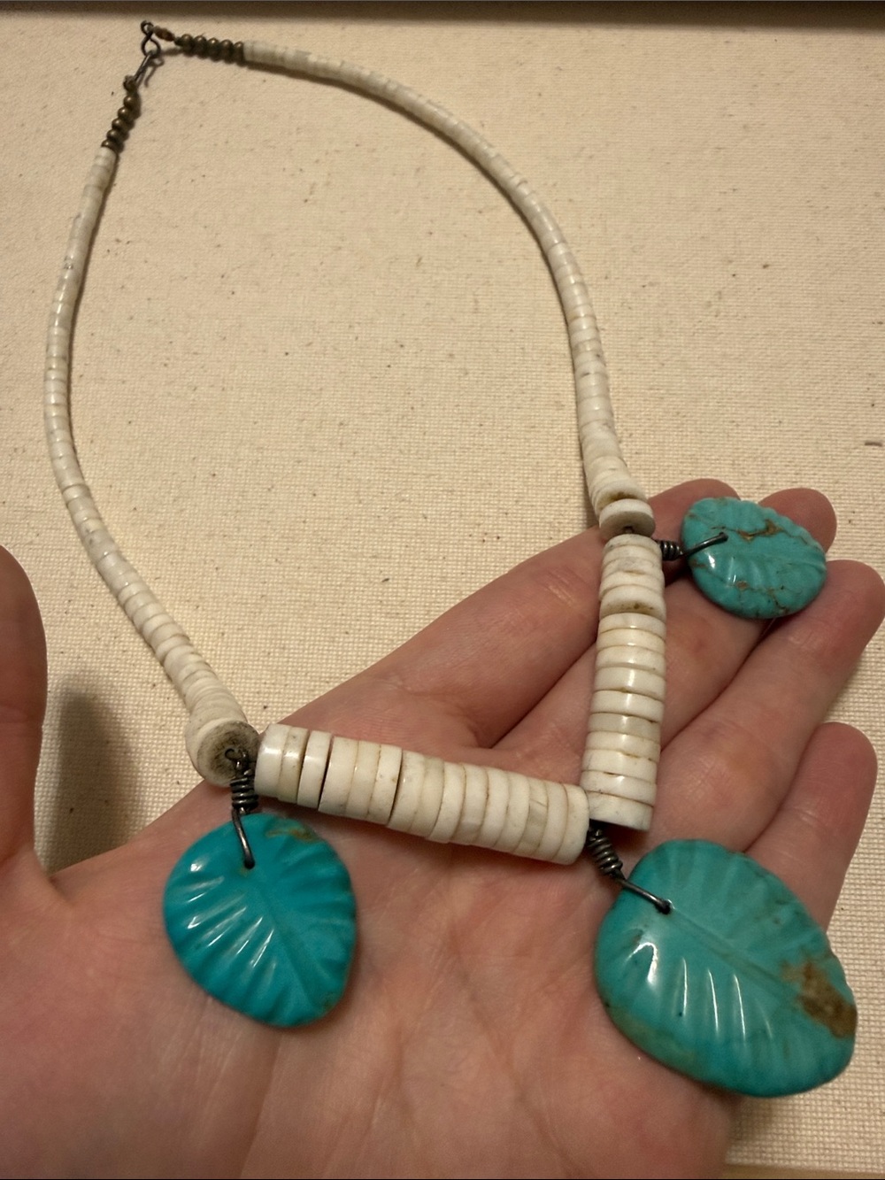 Lovely Handcrafted White Beaded Necklace with Turquoise Leaf Pendants 18.5’ in